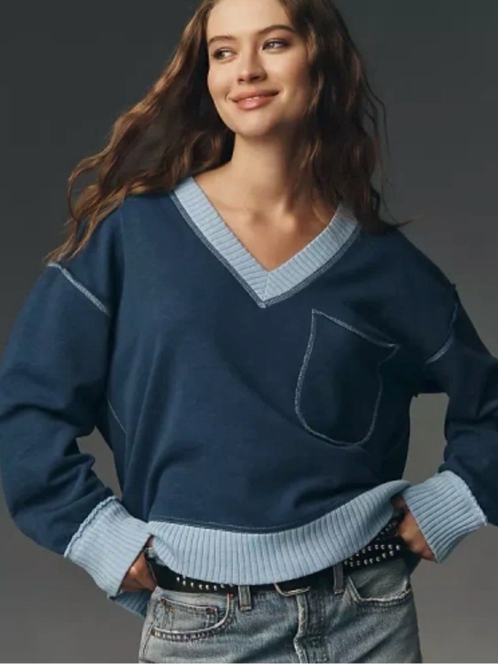Anthropologie Pilcro Montana Pocket Knit Top V-Neck Sweatshirt Blue Small NWT